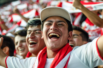 Peruvian football soccer fans in a stadium supporting the national team, La Blanquirroja