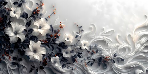 3D Stretch Ceiling with White Flowers and Black Leaves Vibrant Floral Frame