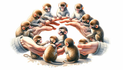 Watercolor Hand Drawing: Troop of Monkeys Grooming in Intimate Circle - Small Animal Double Exposure