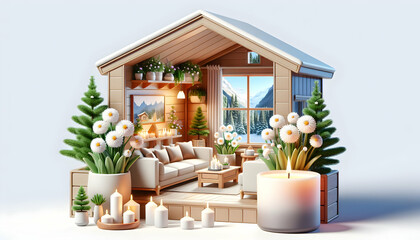 Realistic 3D Icon: Alpine Aroma - Swiss Style Living Room with Pine Scented Candles and Edelweiss - Nature-Inspired Interior Design Concept