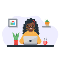 Black woman sitting with laptop. Freelance, online studying, work from home concept. Vector illustration in flat style.