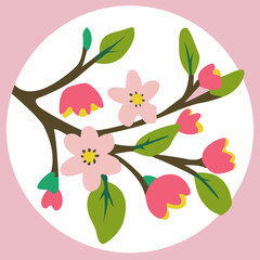 Spring branch with flowers and leaves. Concept of blossoming leaves.