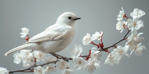 White Bird in Striking Contrast on Cherry Blossom Branch with Gray Backdrop - High Resolution Photography