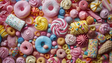 the unhealthiest sweets in one picture, Concept: sugar, diabetes, obesity, diseases of civilization, unhealthy food, 16:9