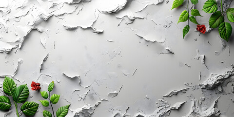 Cracked White Wall with Vibrant Red Rose and Green Leaves on Gray Backdrop - 3D Illustration
