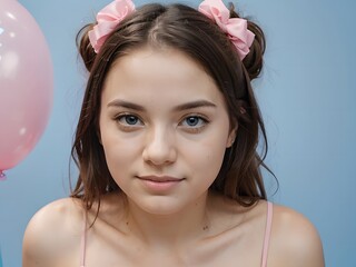 A close-up portrait of a young female wearing two pink scrunchies