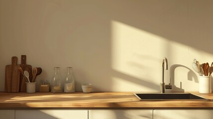 The kitchen has a wooden counter near the light wall with a silver sink and utensils.