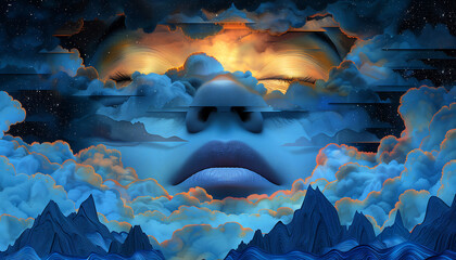 Cosmic Contemplation: Ethereal Sky Face - obrazy, fototapety, plakaty