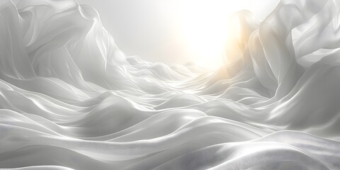 Ethereal Waves of Light Sunrays Illuminating White Silk Fabric in Dreamy Wide-Angle Scene