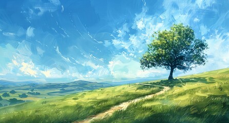 a tree in a field with a sky background