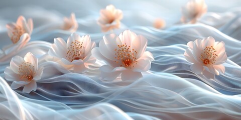 Delicate White Flowers with Pink Petals Floating on Ethereal Light Blue Waves - obrazy, fototapety, plakaty