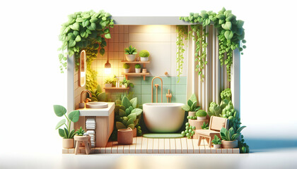 A tranquil 3D botanical bathroom with wall-mounted planters and a jasmine vine, creating a lush, invigorating environment - realistic interior design with nature concept.