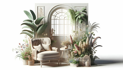 Cozy Botanical Nook: Vintage Armchair and Wildflowers in Realistic 3D Interior Design Concept