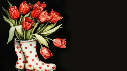 Red tulips in polka dot wellies illustration on black background. Spring floral arrangement concept with copy space. Design for greeting card, invitation.
                                            