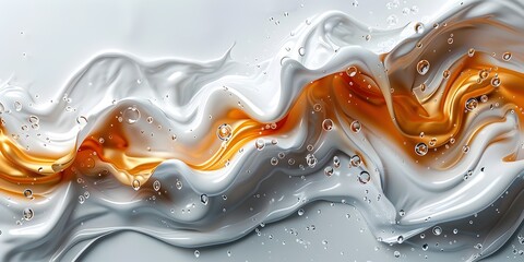 Orange and White Swirling Liquid Metal with Bubbles on Glossy Silver Background