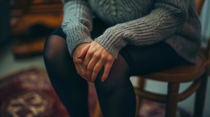 Close-Up of Woman's Hand on Knee. A close-up image capturing the detail of a woman's hand gently resting on her knee, conveying a sense of calm and introspection.
