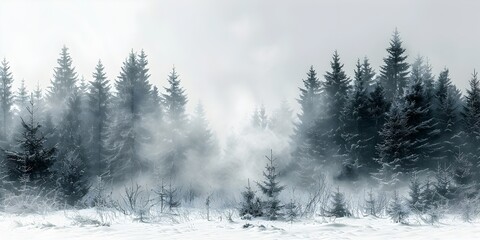 Snowy Winter Forest Landscape with Foggy Sky and Pine Trees