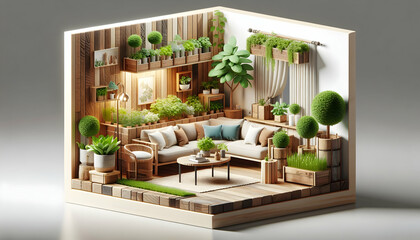 Realistic 3D Icon of Eco Elegance: Elegant Living Room with Reclaimed Wood Furniture and Indoor Herb Garden - Interior Design Nature Concept