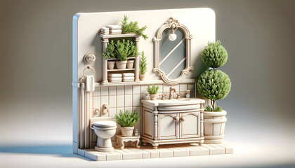French Provincial 3D Icon: Vintage Charm and Lavender Plant in Realistic Interior Design with Nature