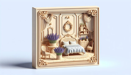 French Provincial Bedroom with Lavender Plant - Realistic 3D Icon in an Interior Design Concept
