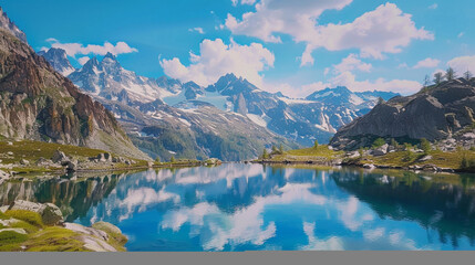 Fototapeta na wymiar A serene alpine lake nestled among snow-capped mountains, reflecting the jagged peaks and endless blue sky, offering a moment of tranquility amidst rugged 