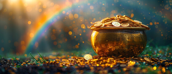 Saint Patrick's Day and Leprechaun's pot of gold coins concept with a rainbow indicating where the leprechaun hid treasure on tgreen with copy space. St Patrick is the patron saint of Ireland backdrop