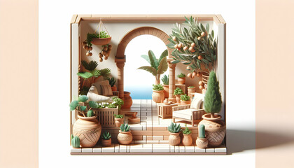 Realistic 3D Icon: Mediterranean Oasis Interior Design with Terracotta Pots and Olive Branches in Bright and Airy Space - Stock Photo Construction Concept