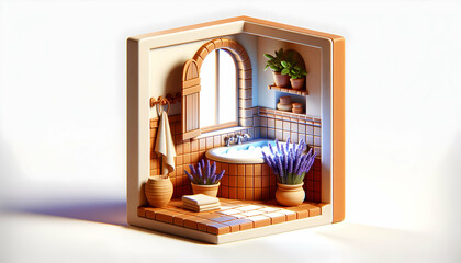 3D Icon: Mediterranean Bathroom with Terracotta Tiles and Lavender Sprig - Realistic Interior Design in Nature Photo Stock