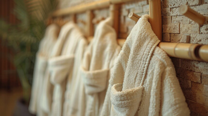 White bathrobes hanging on bamboo hooks.