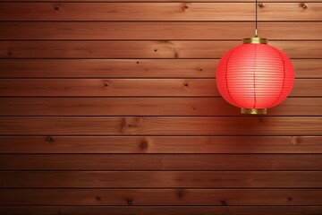 Red Chinese New Year Lantern on wooden wall planks Background, with blank space for text, minimal festive new year celebration, bokeh, banner wallpaper