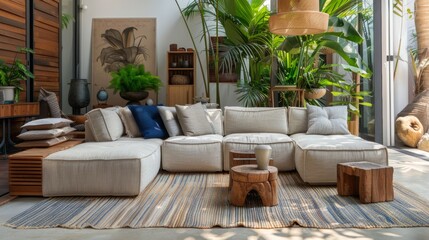 Obraz premium Elegant Modern Living Room with Natural Wood Accents.
