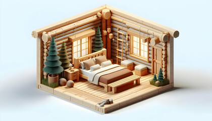3D Rustic Bedroom Interior Design with Natural Wood and Pine Sapling for Mountain Lodge Feel - Photo Stock Concept