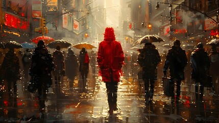 Red Hooded Figure Amidst Crowded City Streets Basking in Sunlight and Rain