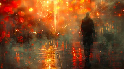 Man Strolling Down Rainy Urban Street at Dusk, City Lights Reflecting on Wet Pavement