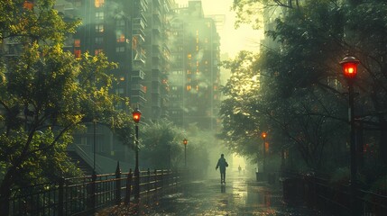 Early Morning Solitude Lone Figure Strolls Under Red Lanterns on Urban Street - obrazy, fototapety, plakaty