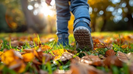 Obraz premium Autumn Stroll in Nature Individual Walking on Green Grass with Scattered Leaves in Blue Jeans and Gray Shoes