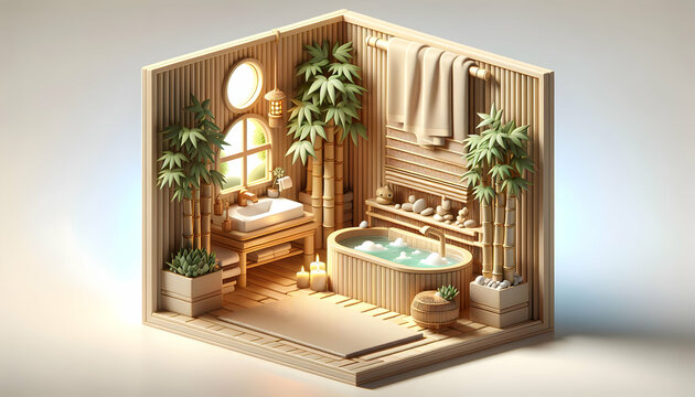 A Serene Spa: A Tranquil 3D Bathroom Interior with Natural Elements for Rejuvenation and Relaxation - Adobe Stock Photo