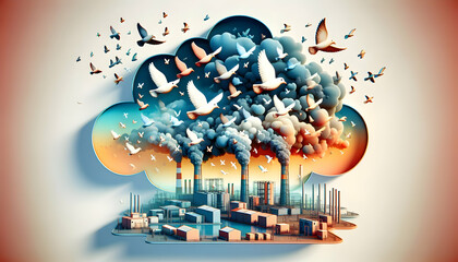 Industrial Pollution: Birds Soaring Against Toxic Skies in Double Exposure Photo