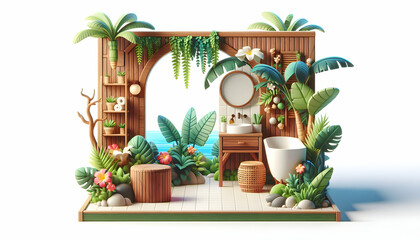 3D Icon: Tropical Oasis - Vibrant Flora and Teak Stool in Exotic Bathroom Interior Design with Nature Concept