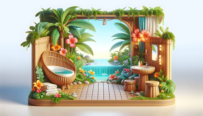 Fototapeta na wymiar Realistic 3D Icon of Tropical Oasis Bathroom with Vibrant Flora and Teak Stool in Exotic Interior Design - Nature Photo Stock Concept