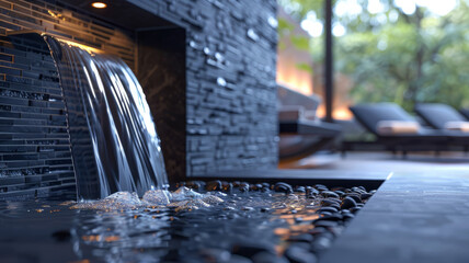 A spa waterfall with lounge chairs. - obrazy, fototapety, plakaty