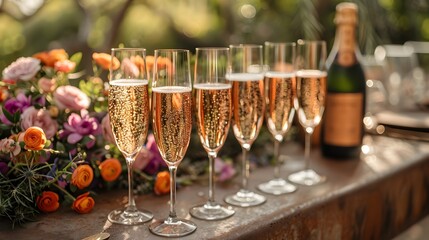 Champagne Tasting Event with Luxurious Pink and Orange Bubbles Amidst Flower-Adorned Outdoor Wedding Decor - obrazy, fototapety, plakaty