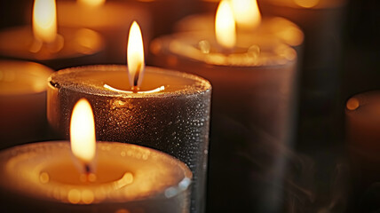 Three lit candles in darkness