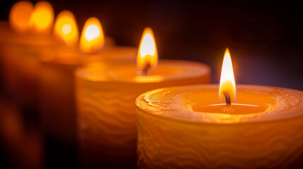 Lit candles in a row with flames glowing