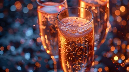 Sparkling Wine Glasses Brimming with Bubbles in Festive Lighting for New Years Celebration