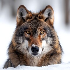 Fototapeta premium Majestic Wolf in Snow Captivates with Piercing Eyes in Wilderness