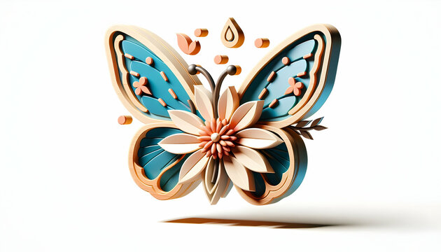 3D Icon: Winged Bloom - A symbol of unity in nature with butterfly wings perfectly aligning with flower petals. Close-up small animal double exposure. Stock photo construction concept.