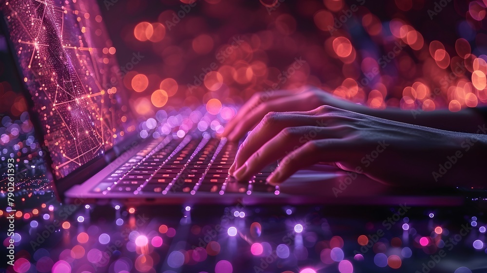Poster Hands Typing on Laptop with Digital Data Visualization in High-Tech Environment