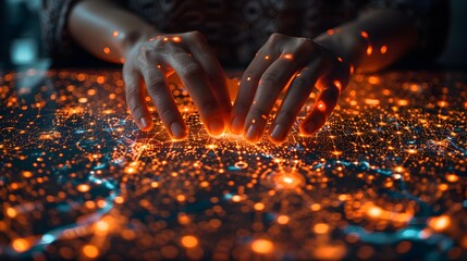 Womans Hands Interacting with Glowing Global Connectivity Map - obrazy, fototapety, plakaty