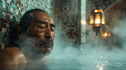 Elderly man enjoying a steamy bath. - obrazy, fototapety, plakaty